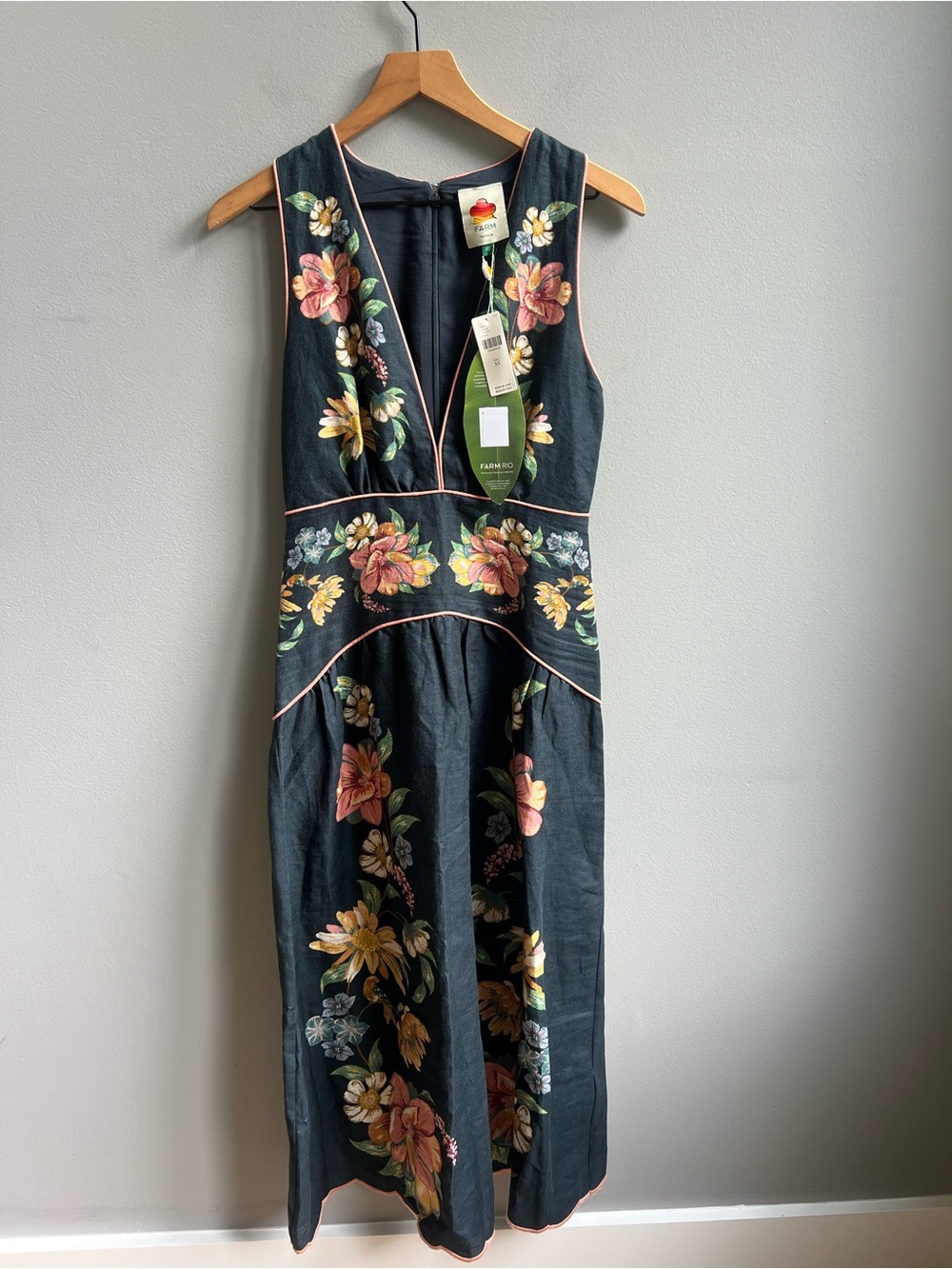 FARM Rio Navy Midi Dress with Pink and Yellow Floral Embroidery - Picture 5 of 16